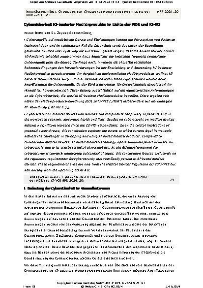 Vorschauseite 1: Cybersicherheit KI-basierter Medizinprodukte im Lichte der MDR und KI-VO