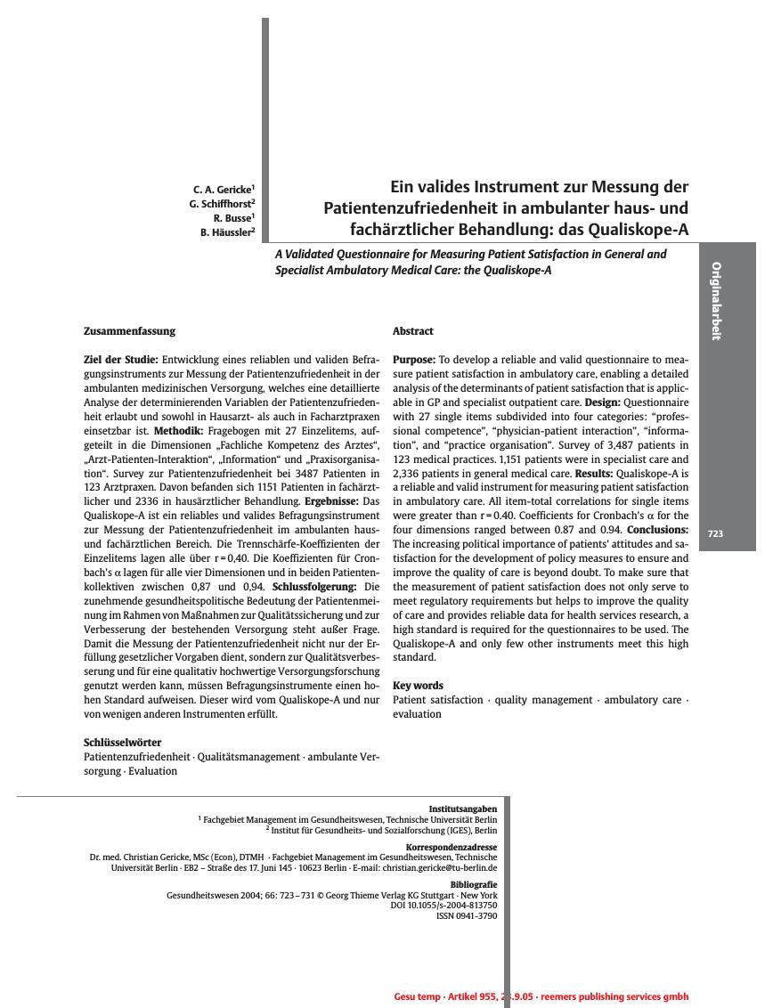 Vorschauseite 1: Ein valides Instrument zur Messung der Patientenzufriedenheit in ambulanter hausund fachärztlicher Behandlung: das Qualiskope-A