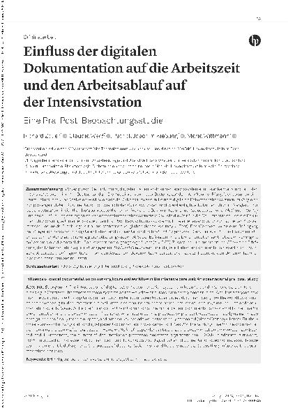 Vorschauseite 1: Einfluss der digitalen Dokumentation auf die Arbeitszeit und den Arbeitsablauf auf der Intensivstation