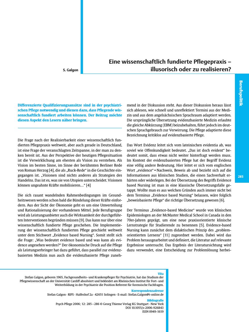 Vorschauseite 1: Eine wissenschaftlich fundierte Pflegepraxis - illusorisch oder zu realisieren?