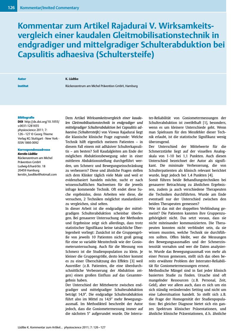 Vorschauseite 1: Kommentar zum Artikel Rajadurai V. Wirksamkeitsvergleich einer kaudalen Gleitmobilisationstechnik in endgradiger und mittelgradiger Schulterabduktion bei Capsulitis adhaesiva (Sch…