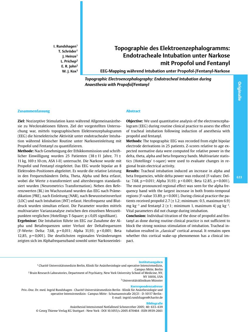 Vorschauseite 1: Topographie des Elektroenzephalogramms: Endotracheale Intubation unter Narkose mit Propofol und Fentanyl
