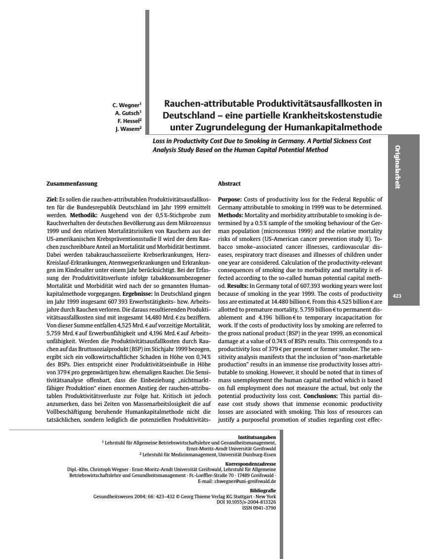 Vorschauseite 1: Rauchen-attributable Produktivitätsausfallkosten in Deutschland - eine partielle Krankheitskostenstudie unter Zugrundelegung der Humankapitalmethode