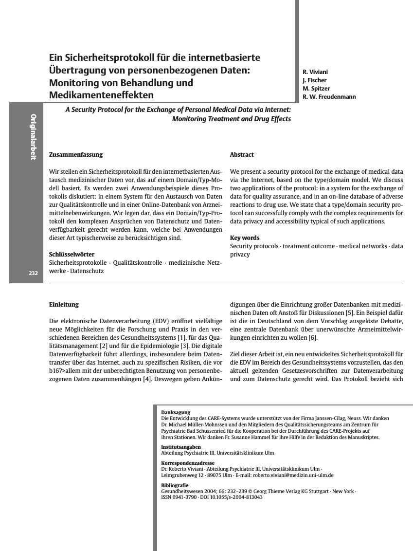 Vorschauseite 1: Ein Sicherheitsprotokoll für die internetbasierte Übertragung von personenbezogenen Daten: Monitoring von Behandlung und Medikamenteneffekten