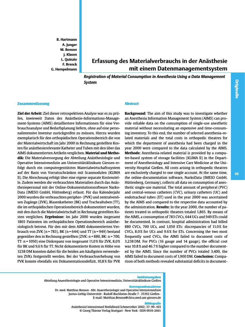 Vorschauseite 1: Erfassung des Materialverbrauchs in der Anästhesie mit einem Datenmanagementsystem