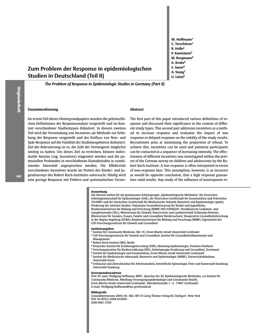 Vorschauseite 1: Zum Problem der Response in epidemiologischen Studien in Deutschland (Teil II)