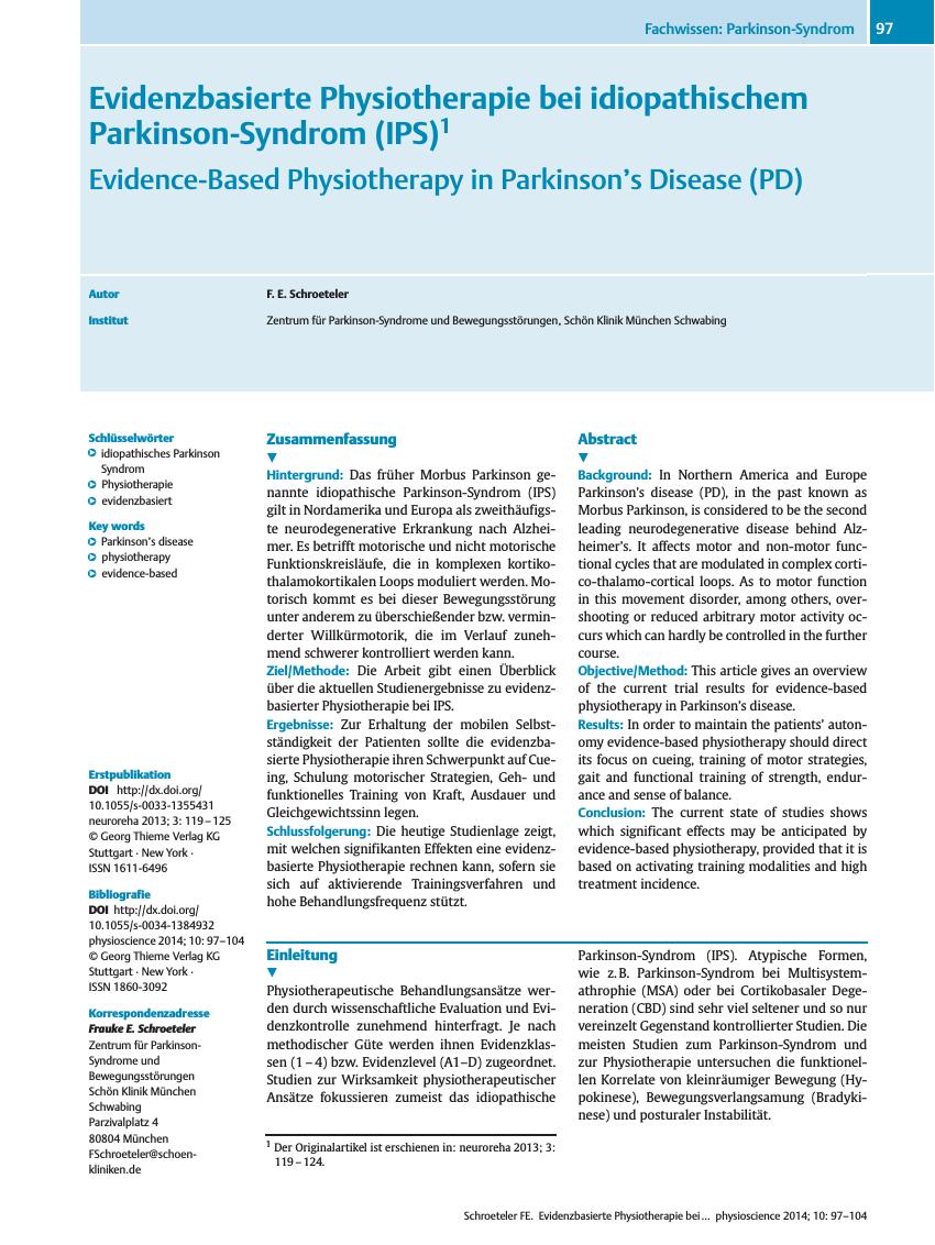 Vorschauseite 1: Evidenzbasierte Physiotherapie bei idiopathischem Parkinson-Syndrom (IPS)