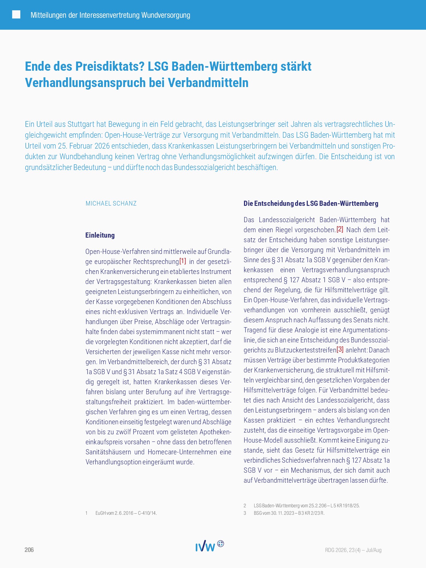 Vorschauseite 1: Ende des Preisdiktats? LSG Baden-Württemberg stärkt Verhandlungsanspruch bei Verbandmitteln