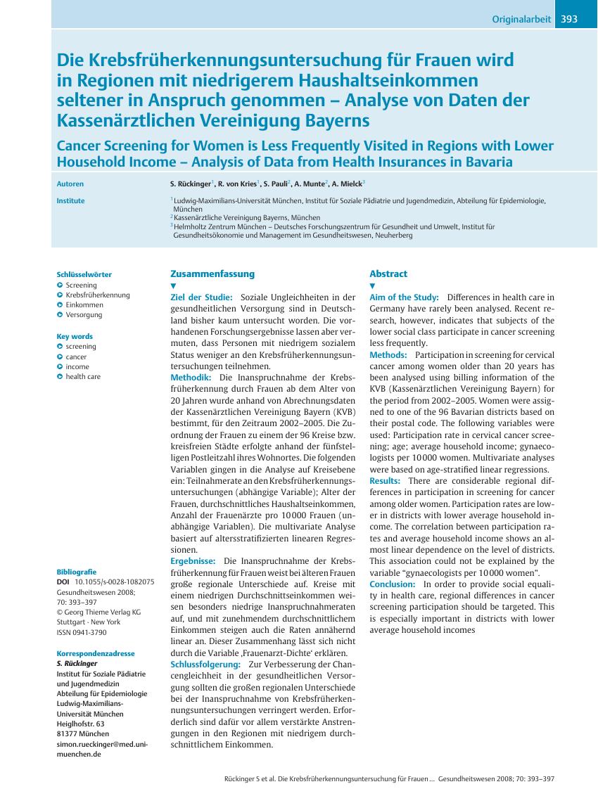 Vorschauseite 1: Die Krebsfrüherkennungsuntersuchung für Frauen wird in Regionen mit niedrigerem Haushaltseinkommen seltener in Anspruch genommen – Analyse von Daten der Kassenärztlichen Vereinigu…