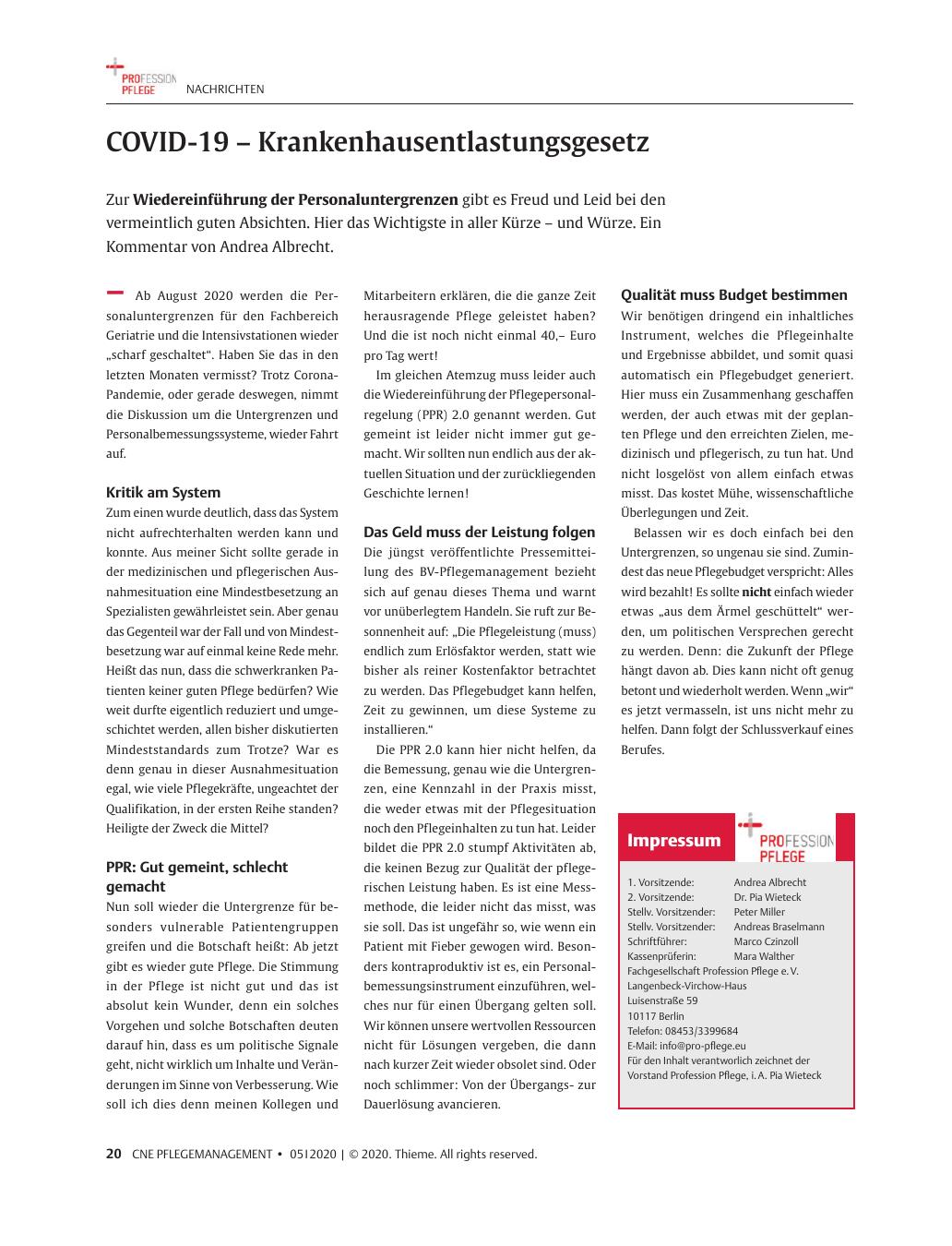 Vorschauseite 1: COVID-19 - Krankenhausentlastungsgesetz