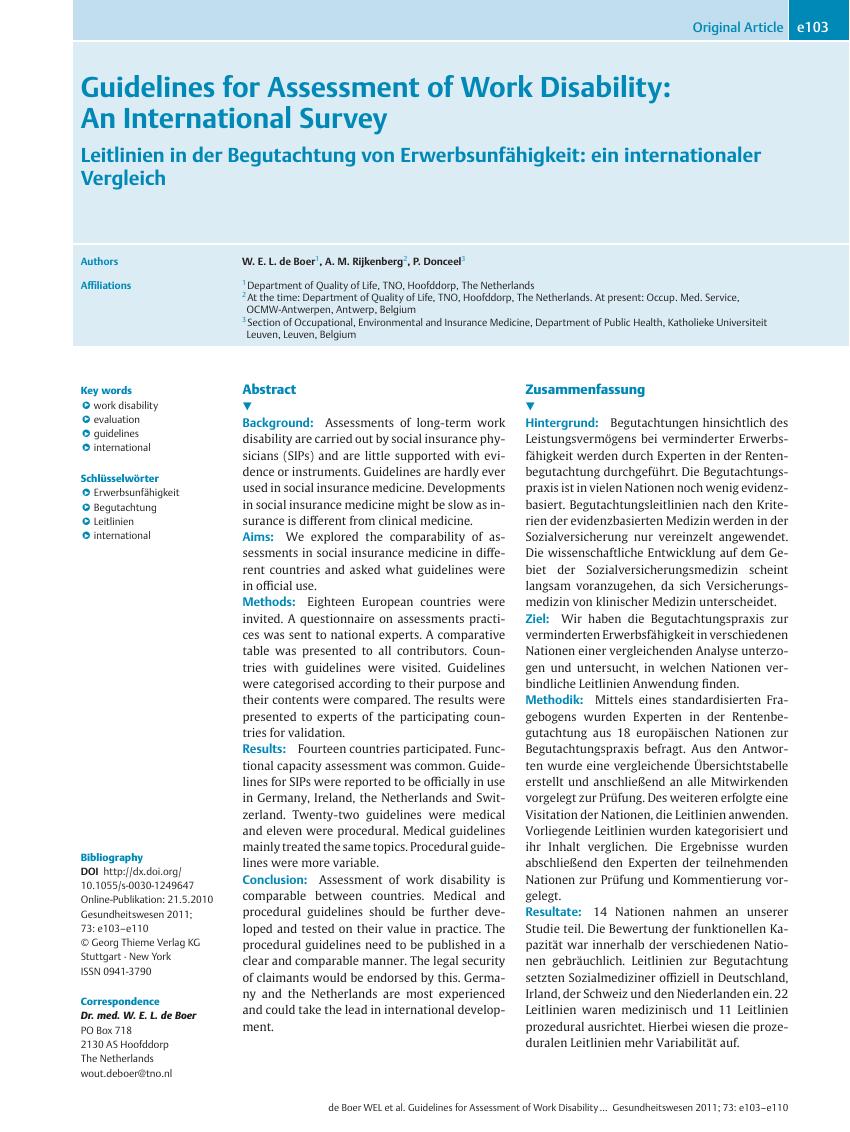 Vorschauseite 1: Guidelines for Assessment of Work Disability: An International Survey