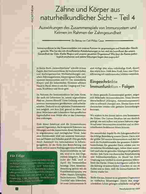 Vorschauseite 1: Zähne und Körper aus naturheilkundlicher Sicht - Teil 4 Auswirkungen des Zusammenspiels von Immunsystem und Keimen im Rahmen der Zahngesundheit
