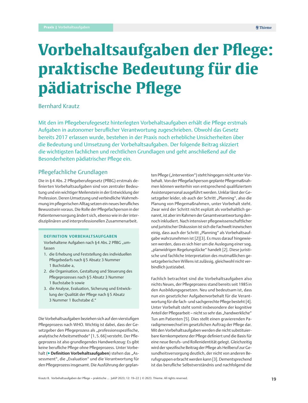 Vorschauseite 1: Vorbehaltsaufgaben der Pflege: praktische Bedeutung für die pädiatrische Pflege
