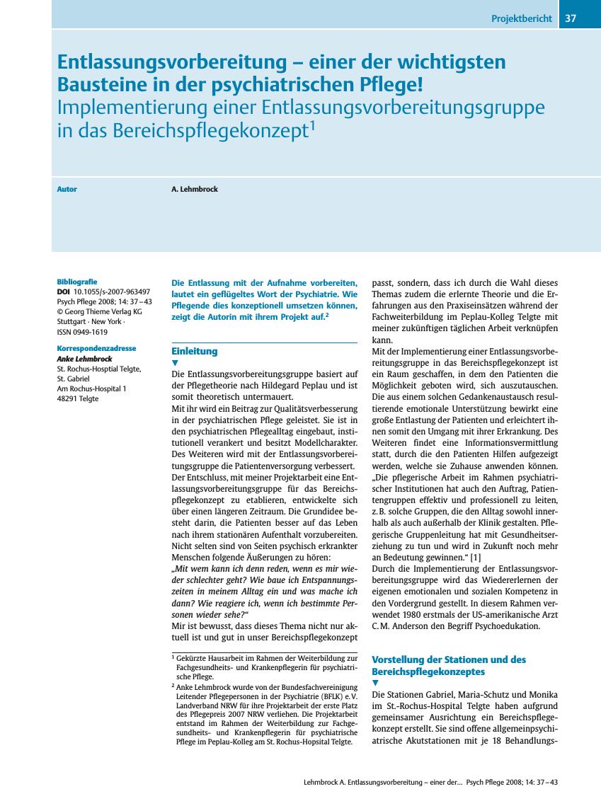 Vorschauseite 1: Entlassungsvorbereitung - einer der wichtigsten Bausteine in der psychiatrischen Pflege!