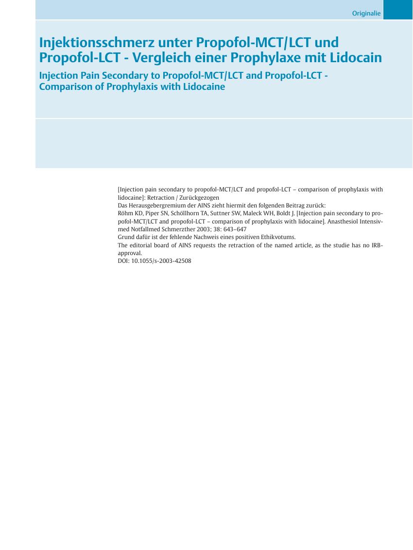 Vorschauseite 1: Injektionsschmerz unter Propofol-MCT/LCT und Propofol-LCT - Vergleich einer Prophylaxe mit Lidocain