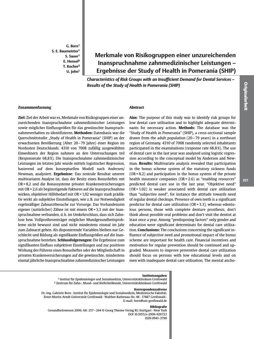 Vorschauseite 1: Merkmale von Risikogruppen einer unzureichenden Inanspruchnahme zahnmedizinischer Leistungen - Ergebnisse der Study of Health in Pomerania (SHIP)
