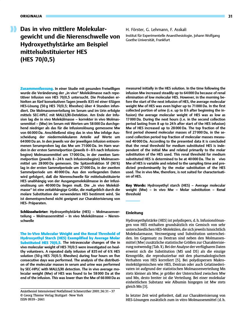 Vorschauseite 1: Das in vivo mittlere Molekulargewicht und die Nierenschwelle von Hydroxyethylstärke am Beispiel mittelsubstituierter HES (HES 70/0, 5)