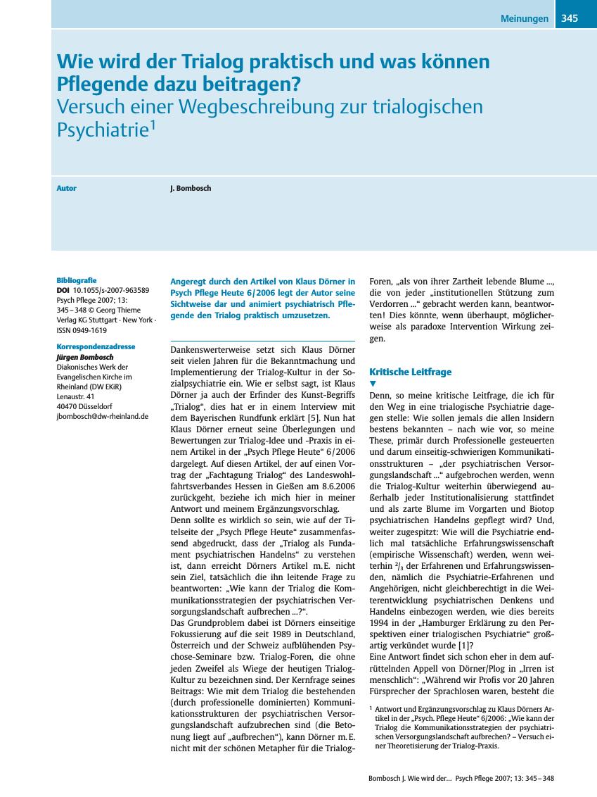 Vorschauseite 1: Wie wird der Trialog praktisch und was können Pflegende dazu beitragen? - Versuch einer Wegbeschreibung zur trialogischen Psychiatrie