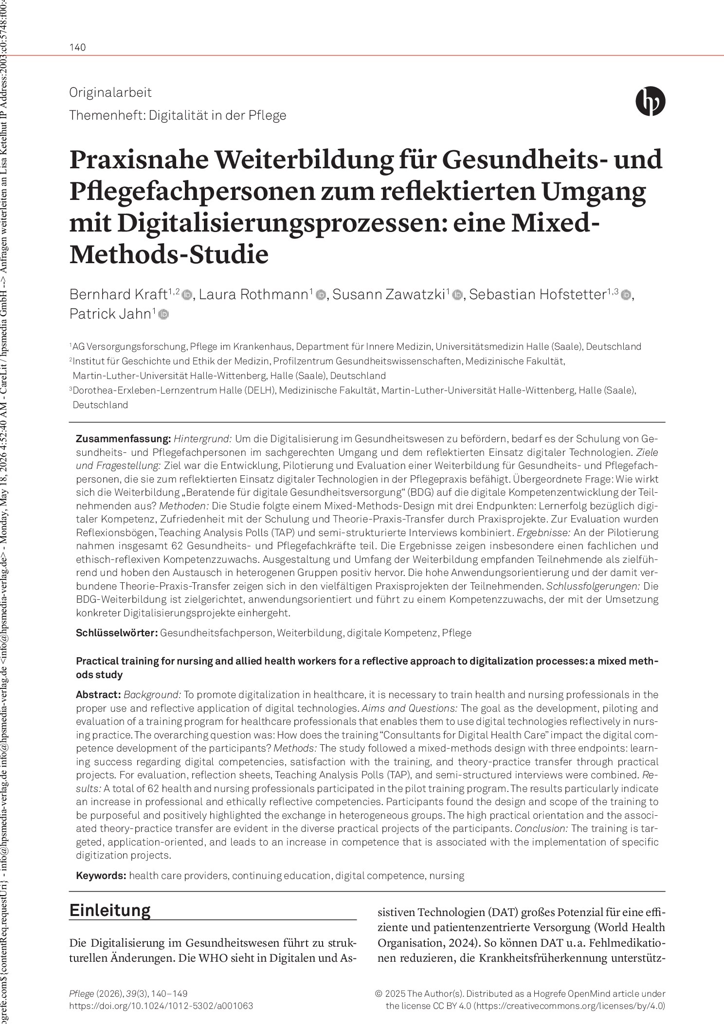 Vorschauseite 1: Praxisnahe Weiterbildung für Gesundheits- und Pflegefachpersonen zum reflektierten Umgang mit Digitalisierungsprozessen: Eine Mixed-Methods-Studie