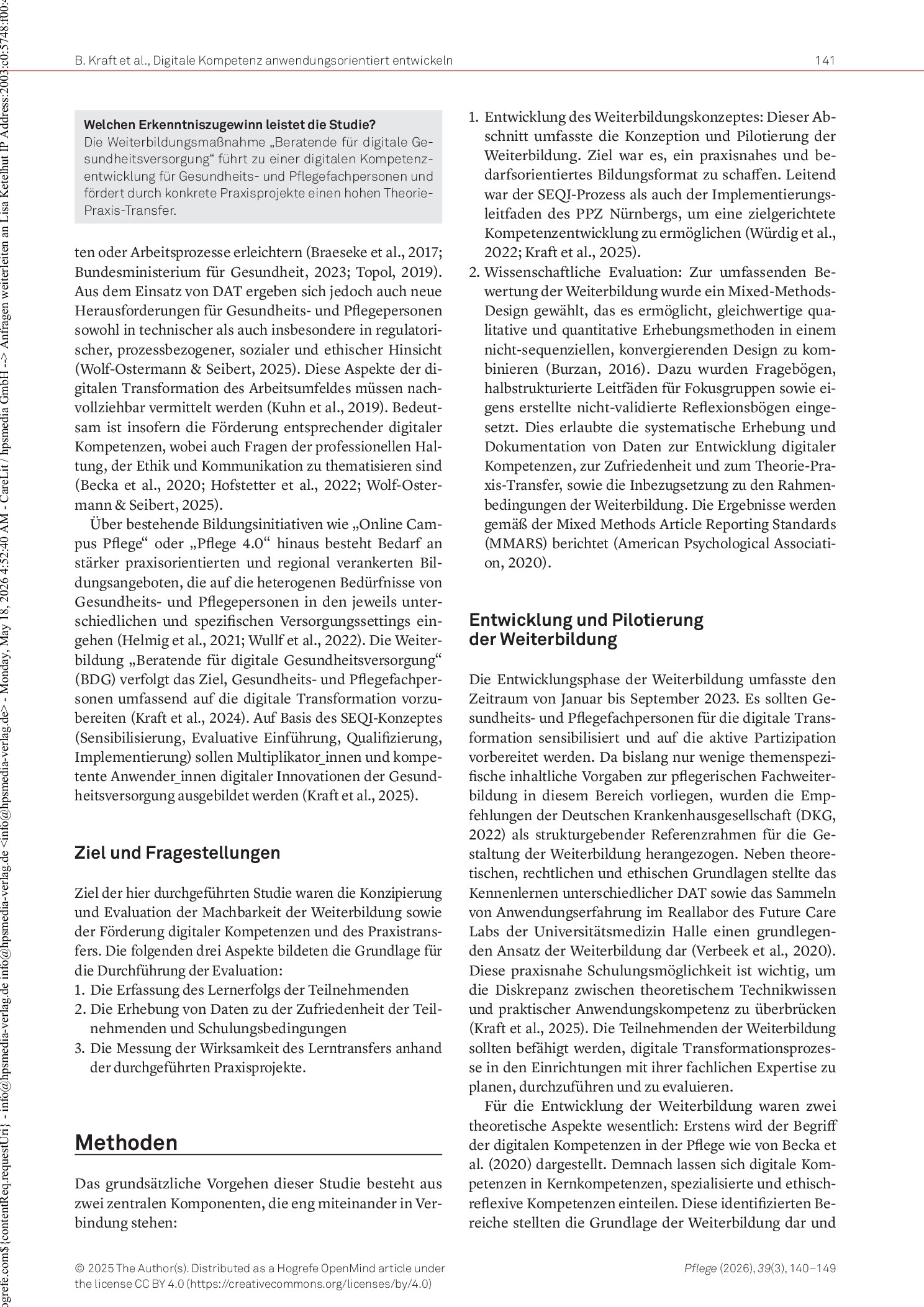 Vorschauseite 2: Praxisnahe Weiterbildung für Gesundheits- und Pflegefachpersonen zum reflektierten Umgang mit Digitalisierungsprozessen: Eine Mixed-Methods-Studie