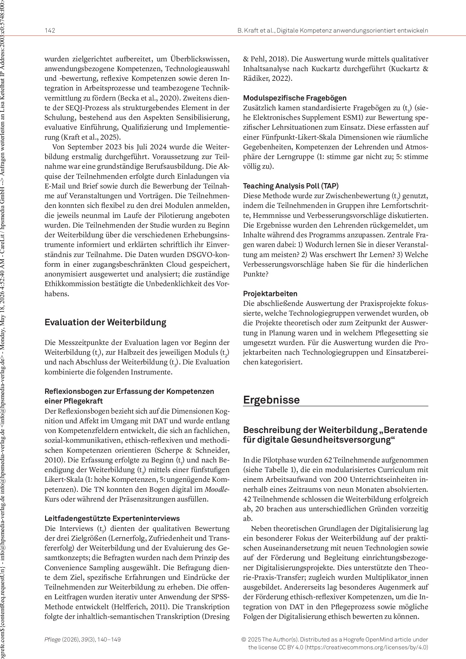 Vorschauseite 3: Praxisnahe Weiterbildung für Gesundheits- und Pflegefachpersonen zum reflektierten Umgang mit Digitalisierungsprozessen: Eine Mixed-Methods-Studie