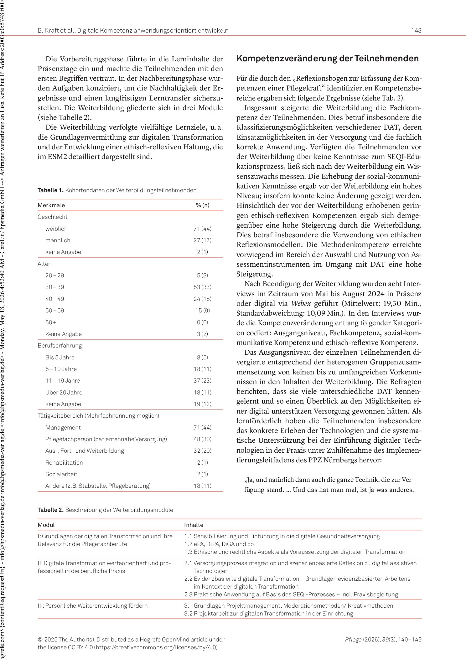 Vorschauseite 4: Praxisnahe Weiterbildung für Gesundheits- und Pflegefachpersonen zum reflektierten Umgang mit Digitalisierungsprozessen: Eine Mixed-Methods-Studie