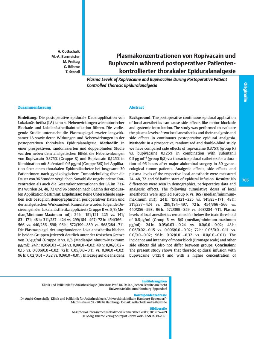 Vorschauseite 1: Plasmakonzentrationen von Ropivacain und Bupivacain während postoperativer Patienten-kontrollierter thorakaler Epiduralanalgesie