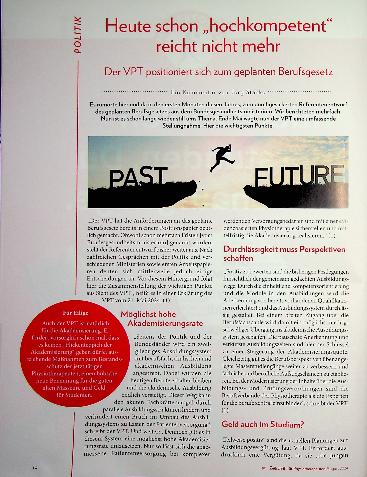 Vorschauseite 1: Heute schon „hochkompetent“ reicht nicht mehr. Der VPT positioniert sich zum geplanten Berufsgesetz.