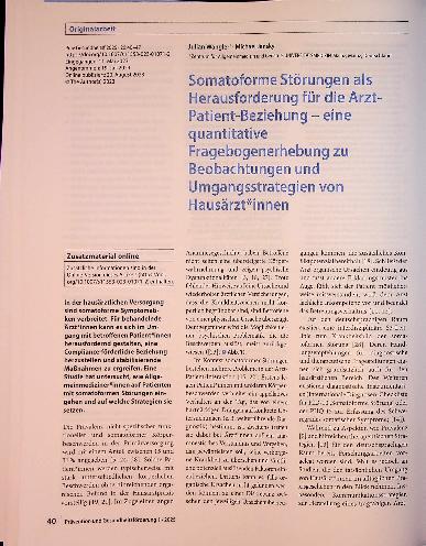 Vorschauseite 1: Somatoforme Störungen als Herausforderung für die Arzt-Patient-Beziehung - eine quantitative Fragebogenerhebung zu Beobachtungen und Umgangsstrategien von Hausärzt*innen