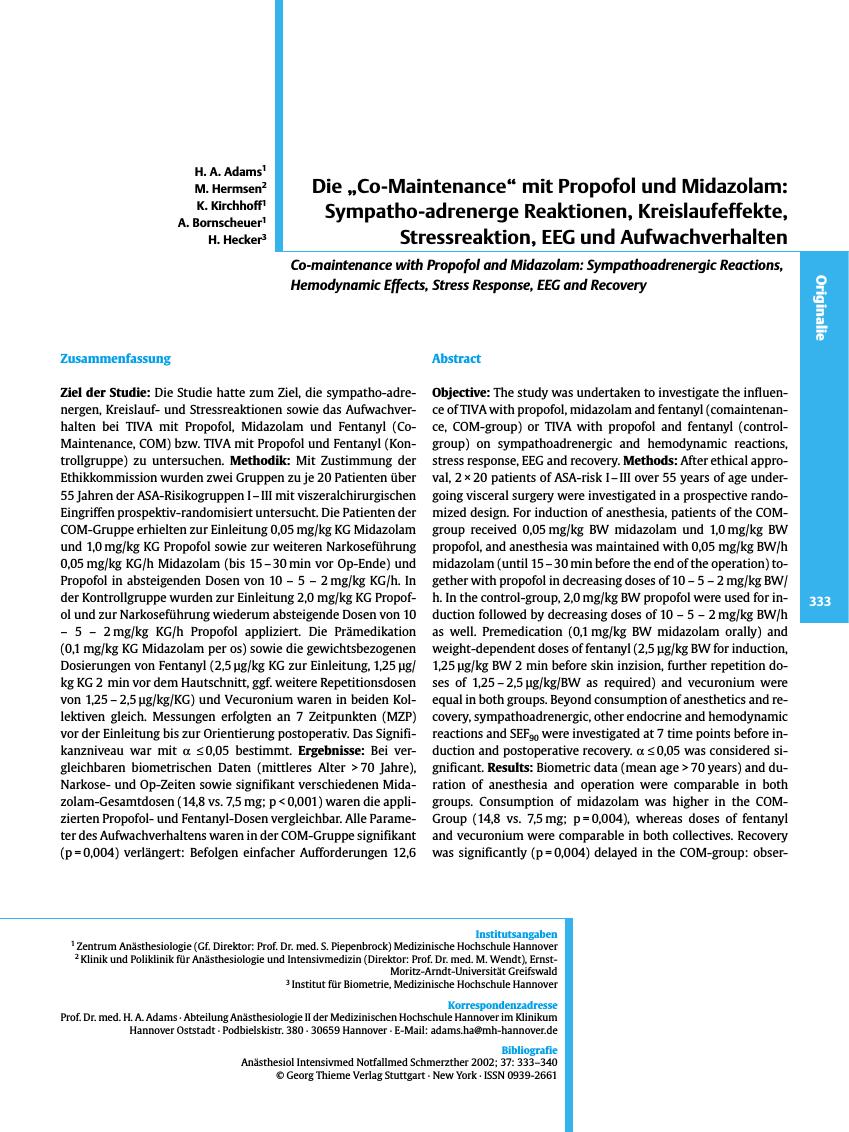 Vorschauseite 1: Die „Co-Maintenance” mit Propofol und Midazolam: Sympatho-adrenerge Reaktionen, Kreislaufeffekte, Stressreaktion, EEG und Aufwachverhalten