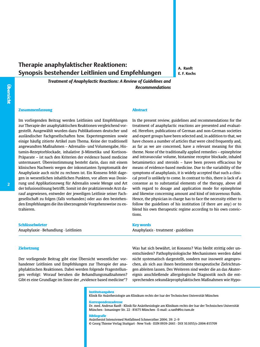 Vorschauseite 1: Therapie anaphylaktischer Reaktionen: Synopsis bestehender Leitlinien und Empfehlungen