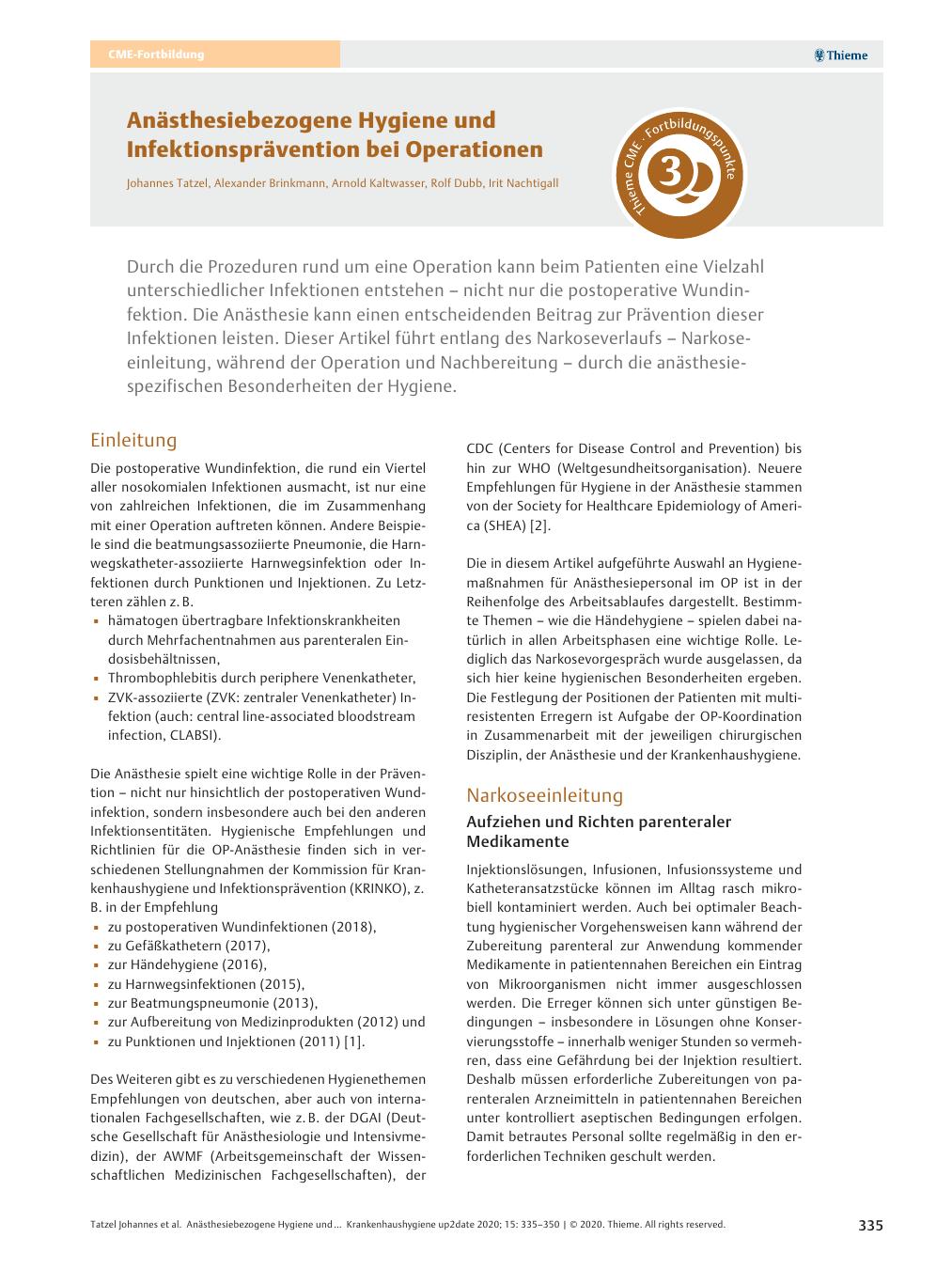 Vorschauseite 1: Anästhesiebezogene Hygiene und Infektionsprävention bei Operationen