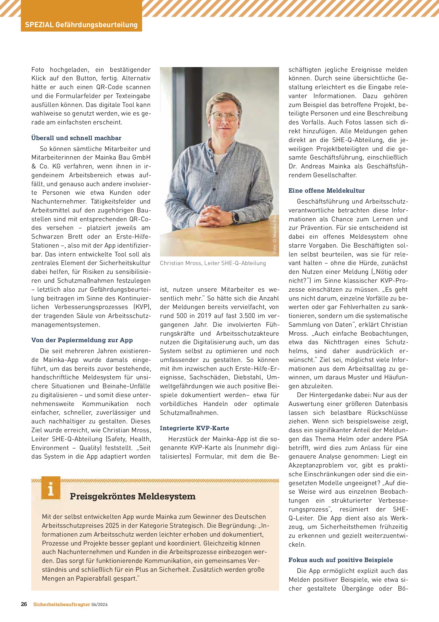 Vorschauseite 2: Best Practice: Digitales Meldesystem bei Mainka Bau. Gefährdungen schnell erfasst