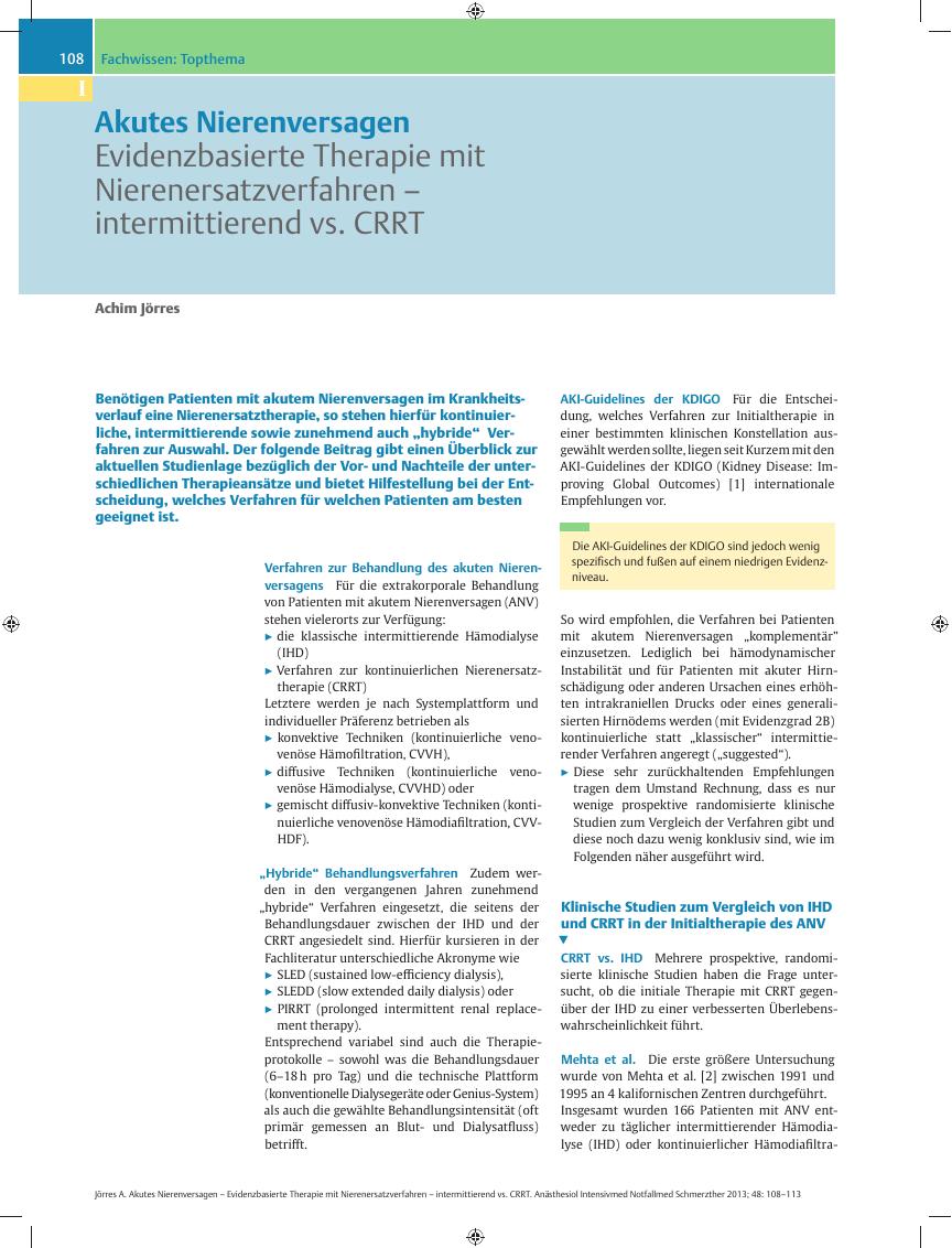 Vorschauseite 1: Akutes Nierenversagen – Evidenzbasierte Therapie mit Nierenersatzverfahren – intermittierend vs. CRRT