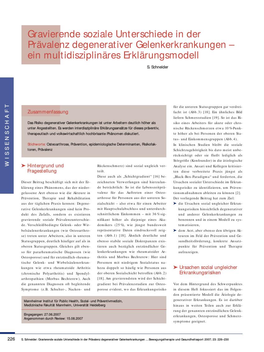 Vorschauseite 1: Gravierende soziale Unterschiede in der Prävalenz degenerativer Gelenkerkrankungen - ein multidisziplinäres Erklärungsmodell