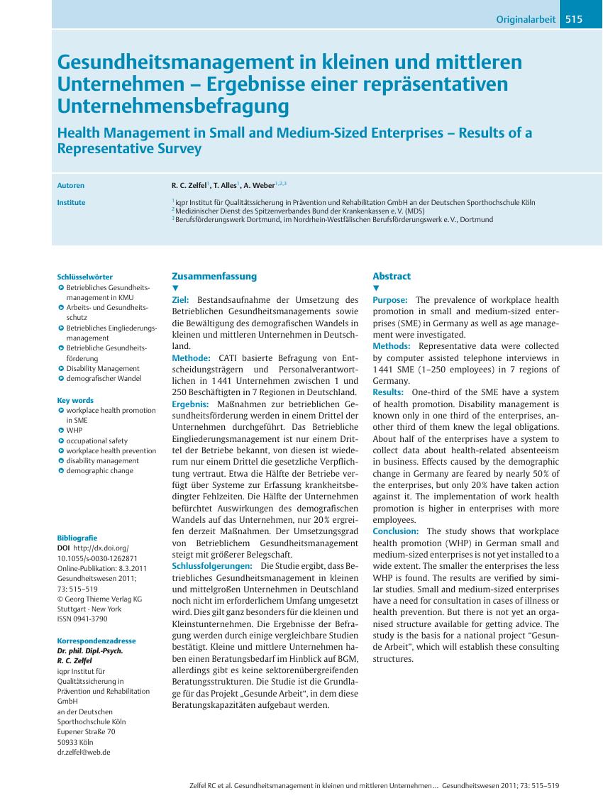 Vorschauseite 1: Gesundheitsmanagement in kleinen und mittleren Unternehmen – Ergebnisse einer repräsentativen Unternehmensbefragung