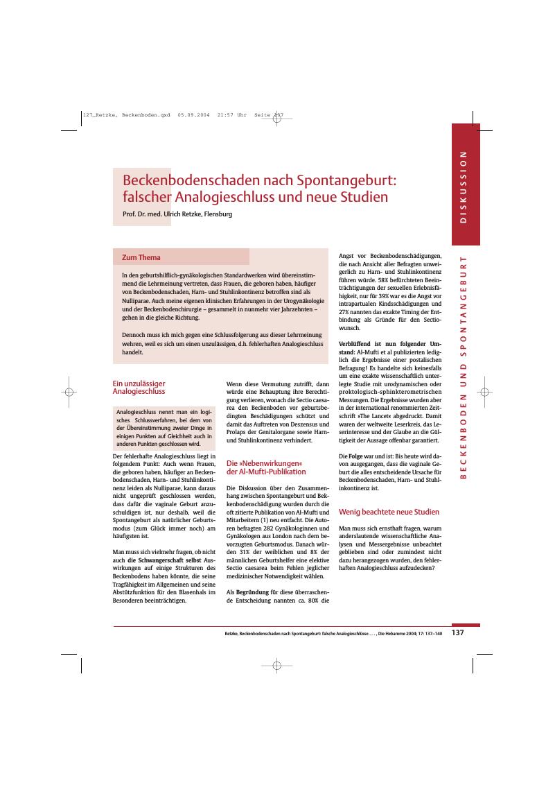Vorschauseite 1: Beckenbodenschaden nach Spontangeburt: falscher Analogieschluss und neue Studien