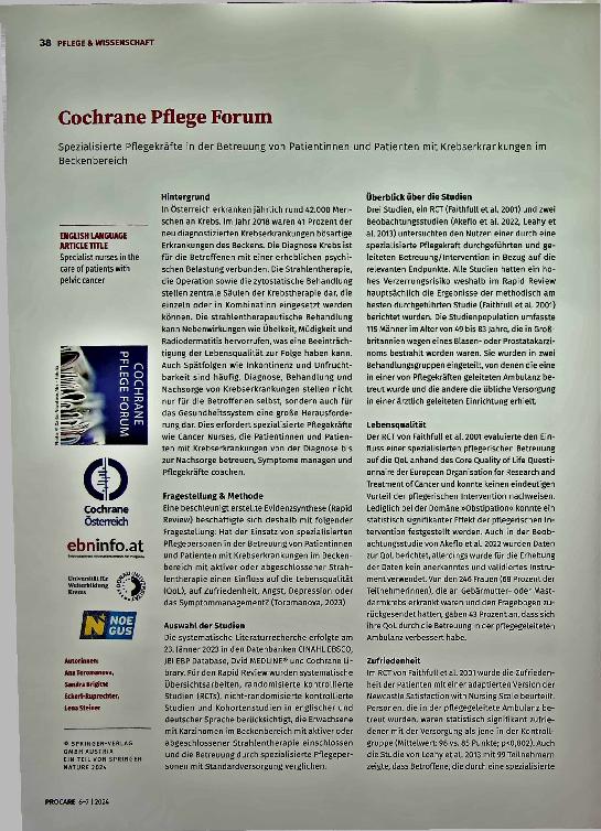 Vorschauseite 1: Cochrane Pflege Forum Spezialisierte Pflegekräfte in der Betreuung von Patientinnen und Patienten mit Krebserkrankungen im Beckenbereich