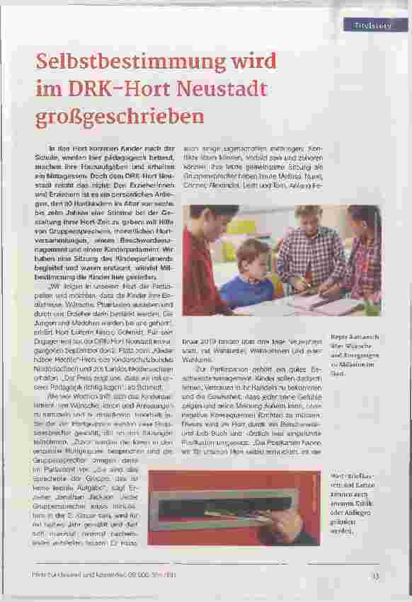 Vorschauseite 1: Selbstbestimmung wird im DRK-Hort Neustadt großgeschrieben.