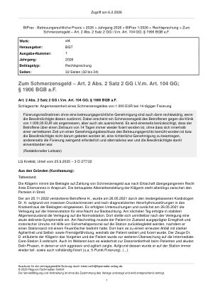 Vorschauseite 1: Zum Schmerzensgeld – Art. 2 Abs. 2 Satz 2 GG i. V. m. Art. 104 GG; § 1906 BGB a. F.