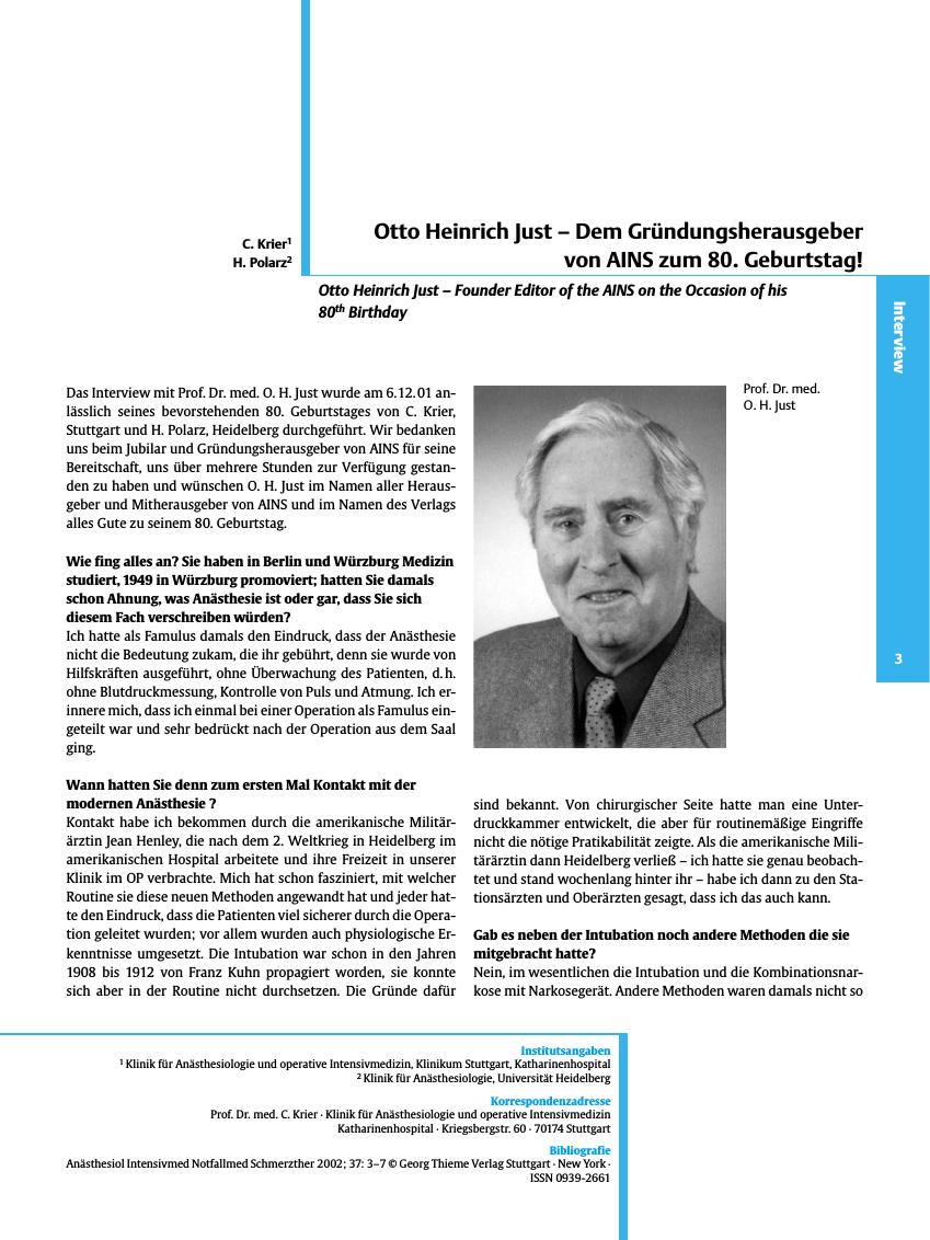Vorschauseite 1: Otto Heinrich Just - Dem Gründungsherausgeber von AINS zum 80. Geburtstag!