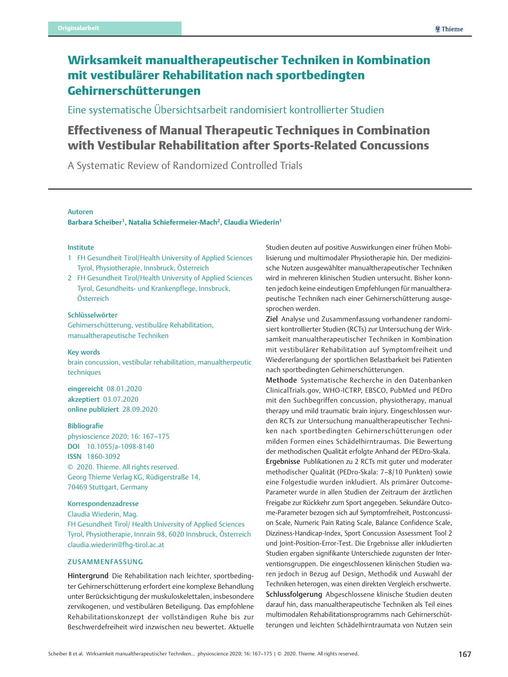 Vorschauseite 1: Wirksamkeit manualtherapeutischer Techniken in Kombination mit vestibulärer Rehabilitation nach sportbedingten Gehirnerschütterungen – Eine systematische Übersichtsarbeit randomis…