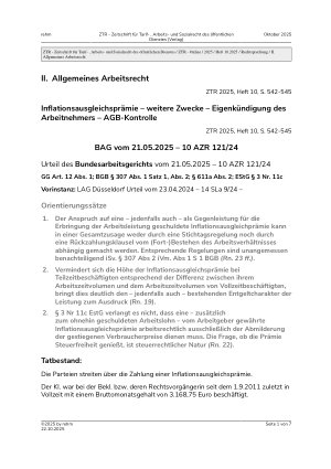Vorschauseite 1: II. Allgemeines Arbeitsrecht Inflationsausgleichsprämie – weitere Zwecke – Eigenkündigung des Arbeitnehmers – AGB-Kontrolle