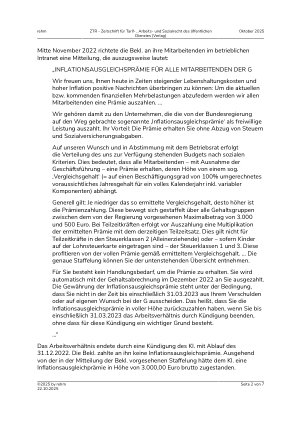 Vorschauseite 2: II. Allgemeines Arbeitsrecht Inflationsausgleichsprämie – weitere Zwecke – Eigenkündigung des Arbeitnehmers – AGB-Kontrolle