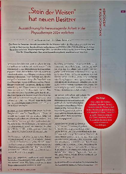 Vorschauseite 2: "Stein der Weisen" hat neuen Besitzer - Auszeichnung für herausragende Arbeit in der Physiotherapie 2024 verliehen.