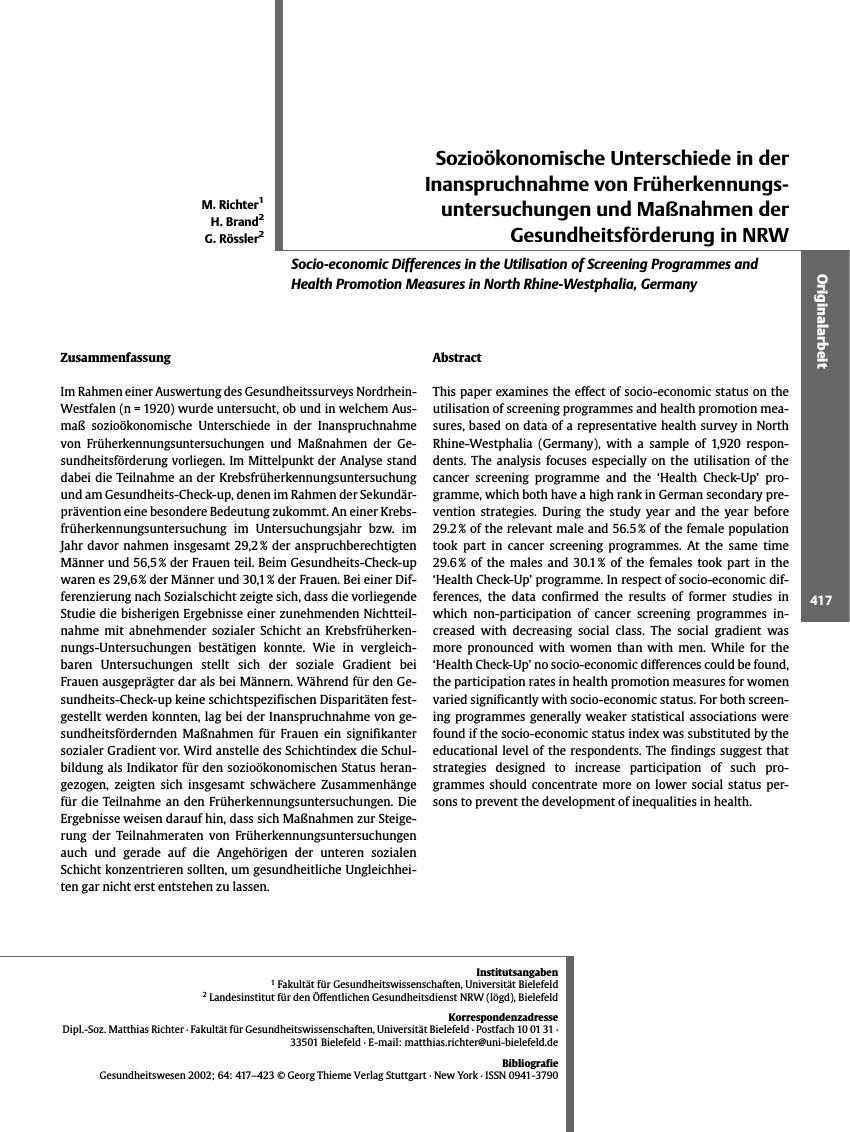 Vorschauseite 1: Sozioökonomische Unterschiede in der Inanspruchnahme von Früherkennungsuntersuchungen und Maßnahmen der Gesundheitsförderung in NRW