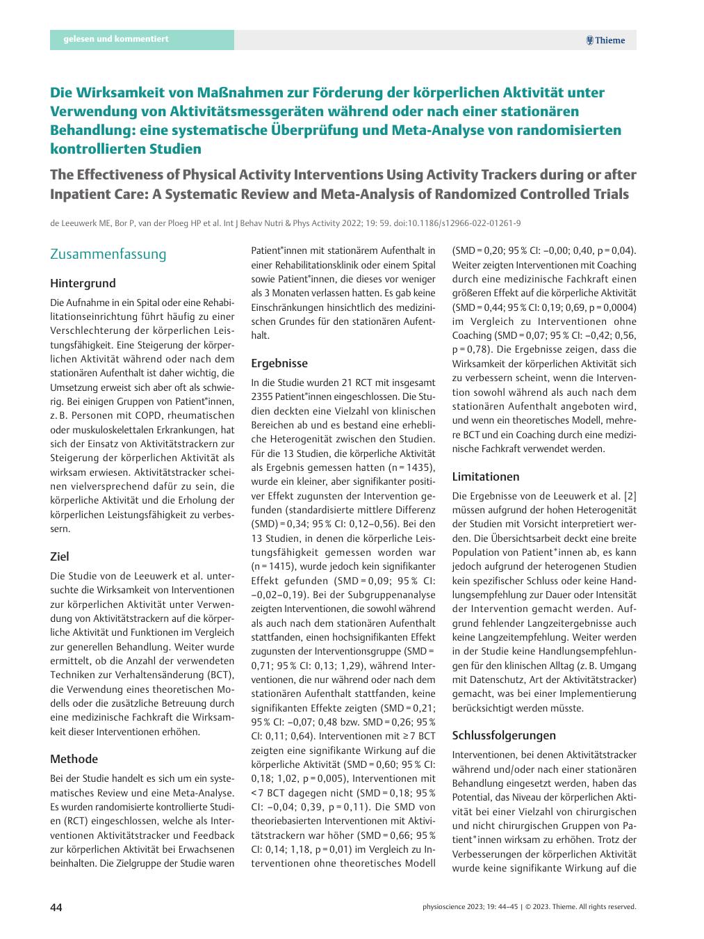 Vorschauseite 1: Die Wirksamkeit von Maßnahmen zur Förderung der körperlichen Aktivität unter Verwendung von Aktivitätsmessgeräten während oder nach einer stationären Behandlung: eine systematisch…