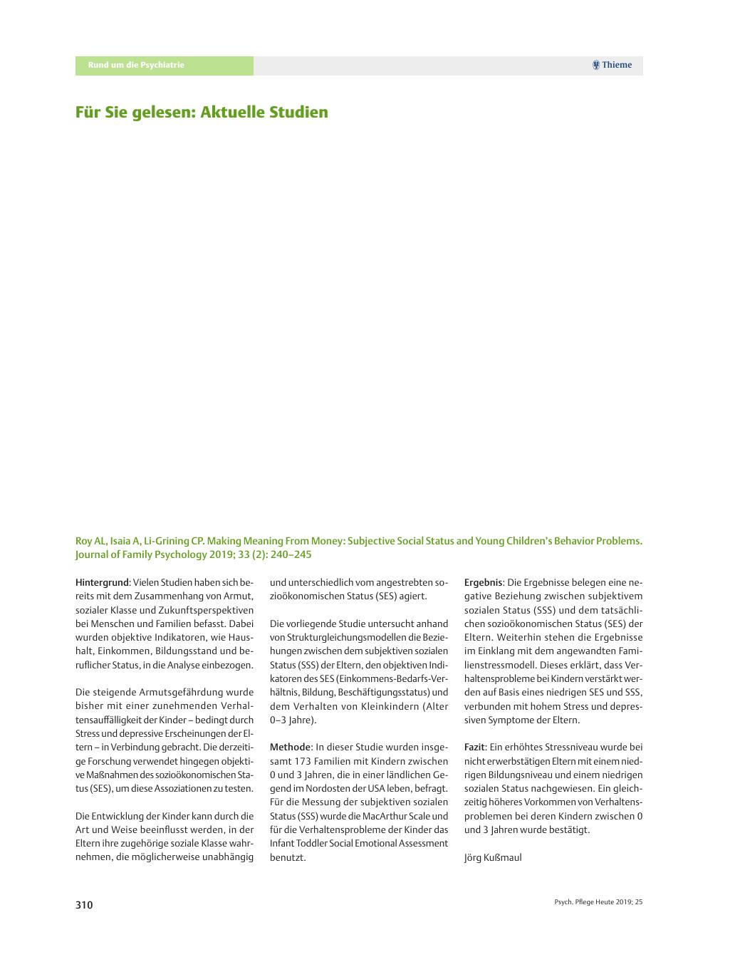 Vorschauseite 1: Für Sie gelesen: Aktuelle Studien: Roy AL, Isaia A, Li-Grining CP. Making Meaning From Money: Subjective Social Status and Young Children’s Behavior Problems. Journal of Family Ps…