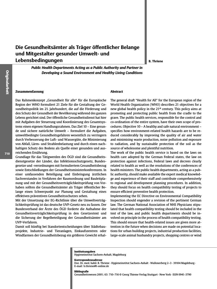 Vorschauseite 1: Die Gesundheitsämter als Träger öffentlicher Belange und Mitgestalter gesunder Umweltund Lebensbedingungen