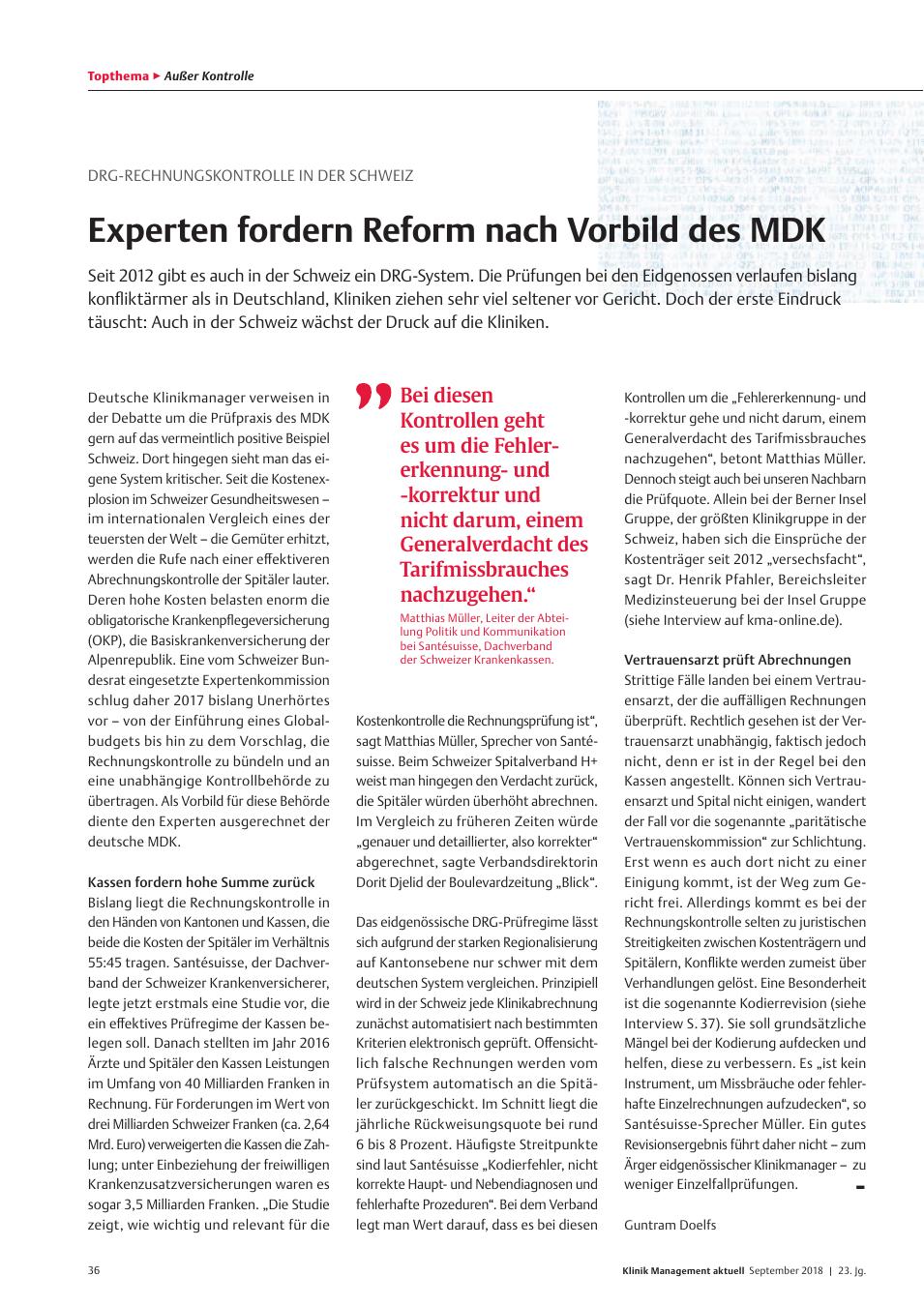 Vorschauseite 1: DRG-Rechnungskontrolle in der Schweiz: Experten fordern Reform nach Vorbild des MDK